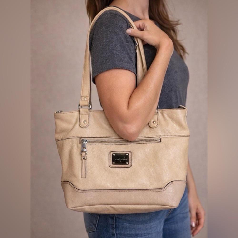 Stone Mountain Genuine Leather Beige Shoulder Tote Bag Black Trim Plaid Lining